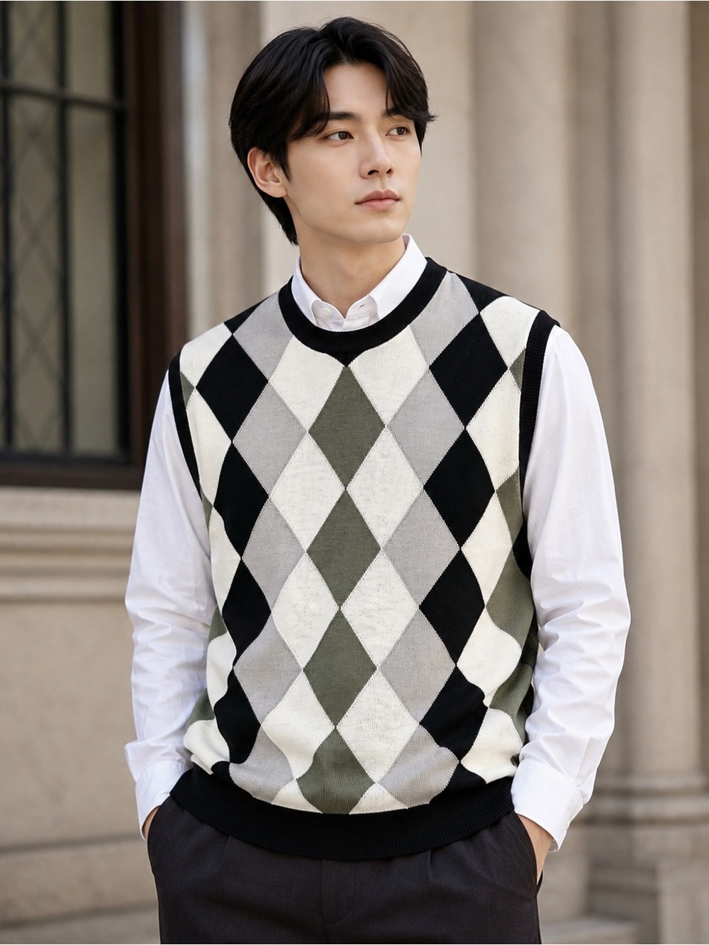 Men's Argyle Knit Sweater Vest - Black & White
